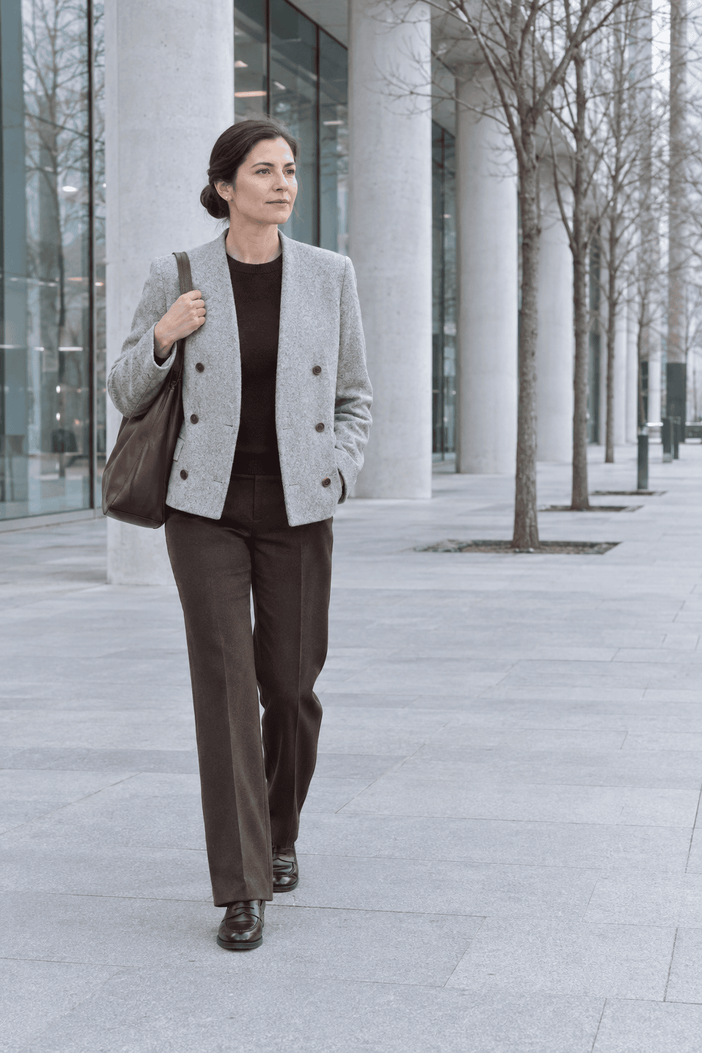 milan winter office outfit: short light grey collarless double-breasted wool coat, burgundy cashmere crewneck, chocolate straight wool trousers and dark brown penny loafers