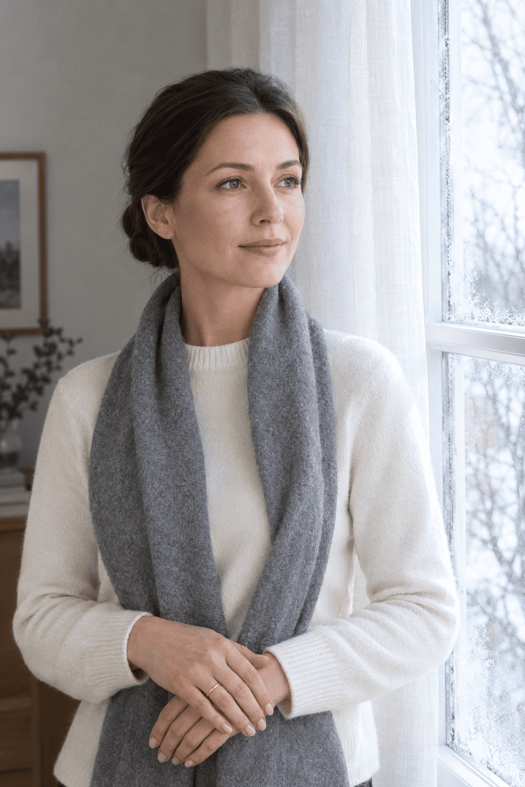 winter style tips for women: waist-up portrait of a woman with a neat low bun and neutral nails in a cream sweater and gray scarf