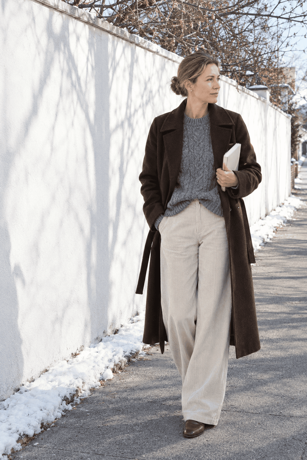 weekend winter outfit for women over 40: dark chocolate long coat with tie belt, grey cable-knit sweater, pale bone wide-leg corduroy trousers and mocha leather loafers