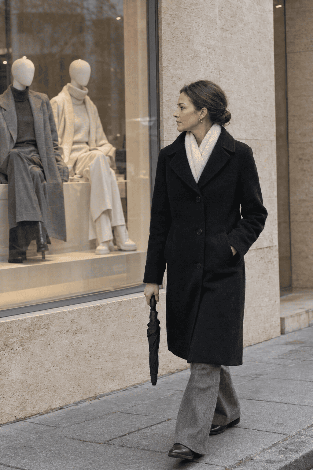 woman standing by her open wardrobe checking what she already owns before buying anything new