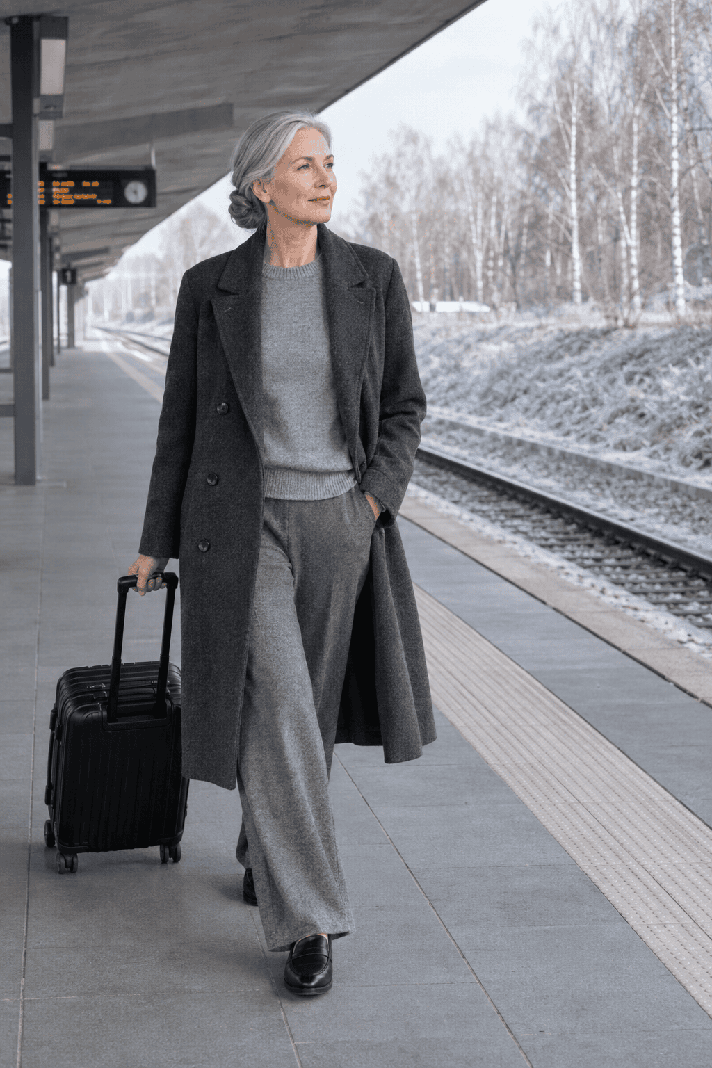 elegant travel day outfit for women over 60: heather gray knit sweater and wide-leg knit pants under a charcoal double-breasted wool coat