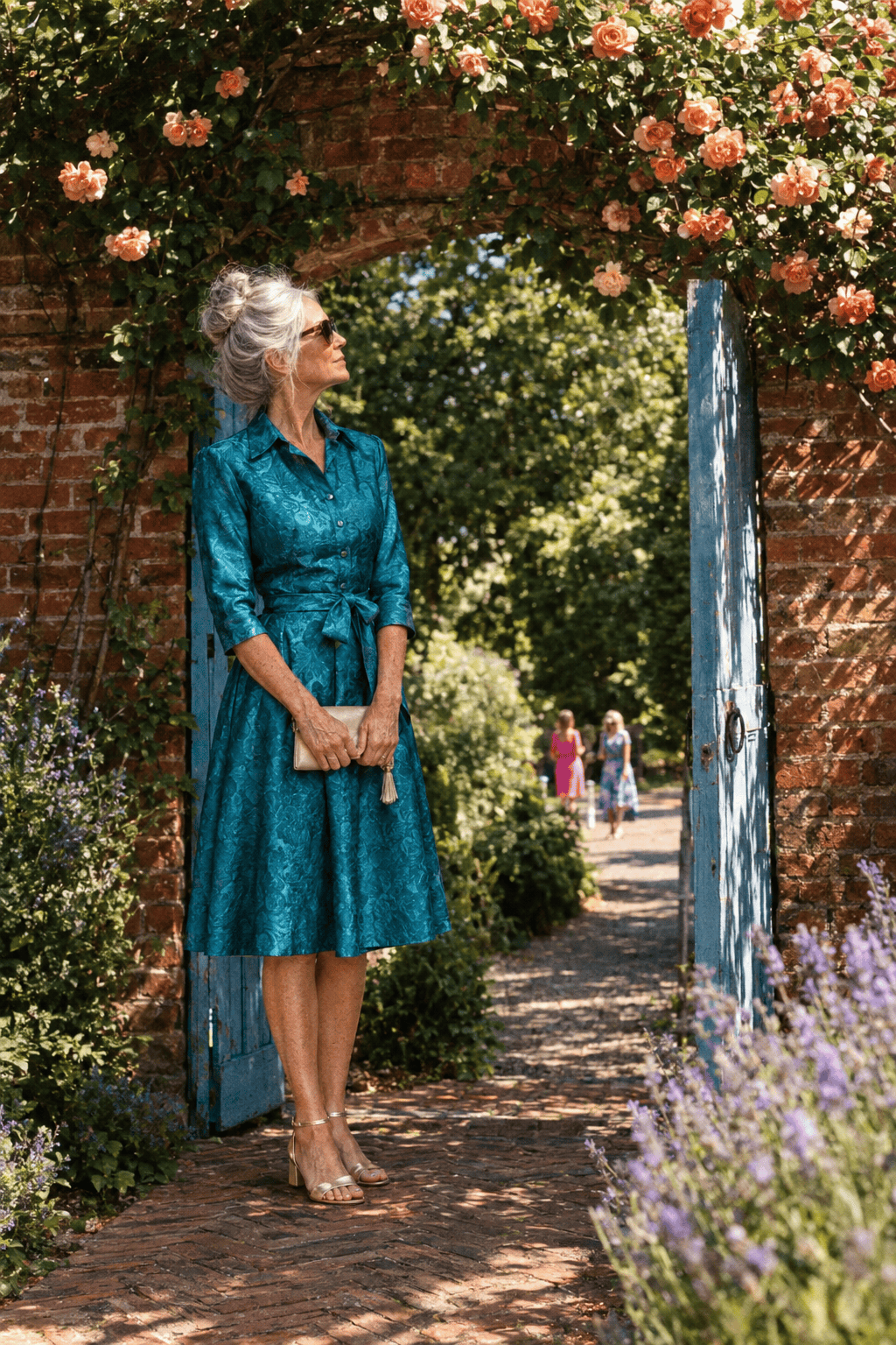 garden drinks party birthday outfit for women in their 70s: teal metallic jacquard shirtwaist dress with three-quarter sleeves and bow belt, soft gold sandals and champagne satin clutch