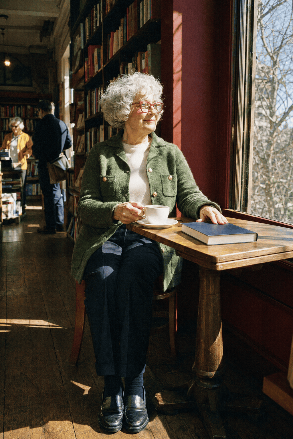book club lunch outfit for women over 70: mid moss green collared knit jacket over an ivory knit tee, navy straight trousers and plain black loafers