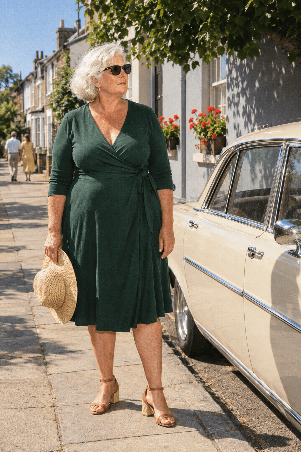 plus size summer dinner outfit for women in their 70s: forest green jersey wrap dress with three-quarter sleeves and tan block-heel ankle-strap sandals