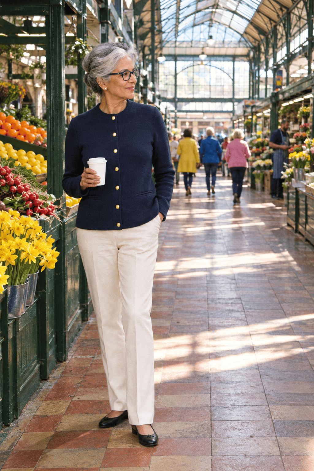 affordable elegant spring lunch outfit for a woman in her 70s: navy cotton sweater jacket with gold buttons, ecru ponte trousers and black leather ballet flats