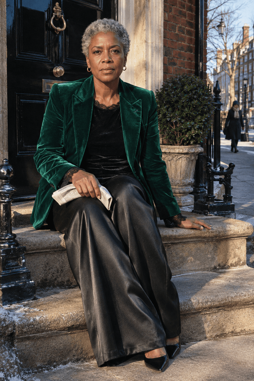 evening mother of the groom winter wedding outfit: black lace-trim velvet top and black wide-leg silk trousers under a hip-length deep emerald velvet blazer