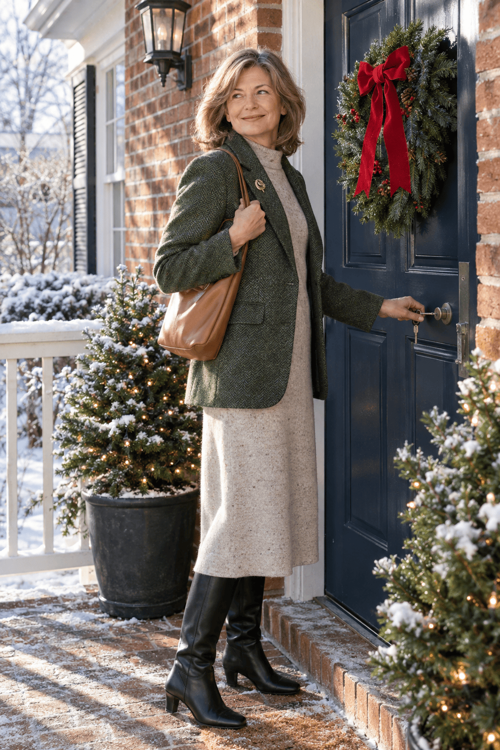 christmas church outfit: oatmeal mock-neck sweater dress under a hunter green tweed blazer with a gold brooch and black knee boots