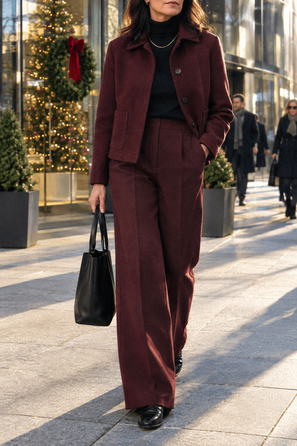 office christmas party outfit: burgundy wool jacket and burgundy wide-leg trousers, black cashmere turtleneck and black penny loafers