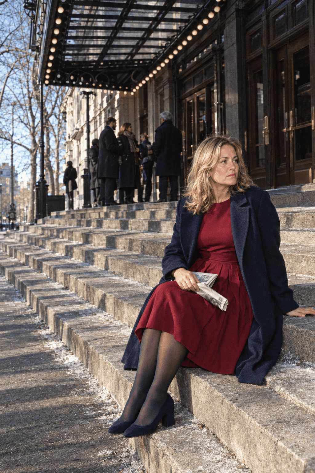 red dress winter outfit for a theatre night: burgundy short-sleeve dress with a pleated below-the-knee skirt and a long navy wool topcoat