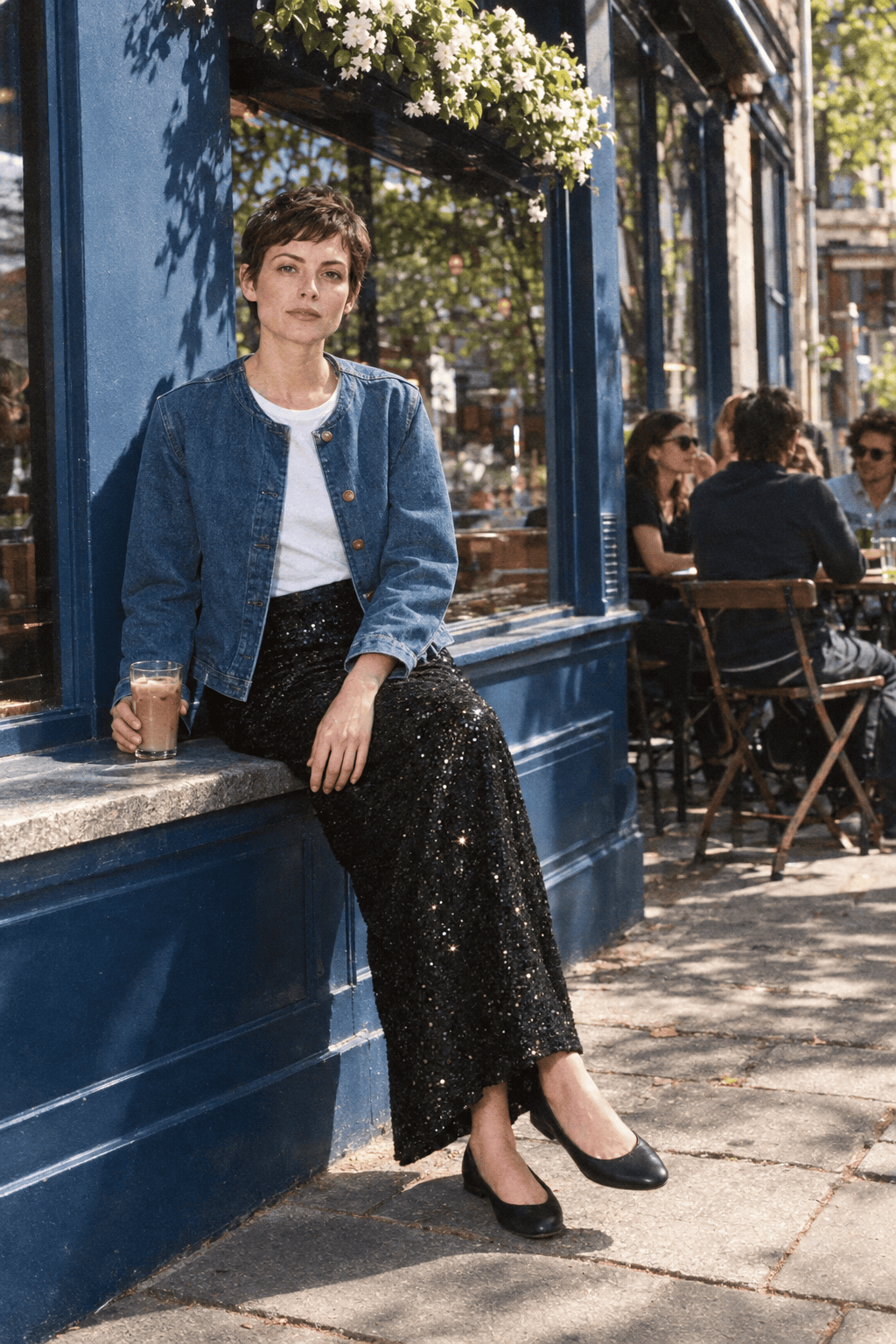 casual black sequin skirt outfit for spring: black sequin maxi skirt, boxy mid-wash denim jacket, white t-shirt and black ballet flats