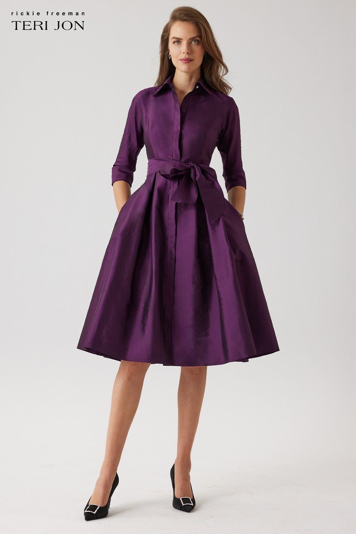 3/4 Sleeve Belted Taffeta Shirt Dress (Plum)