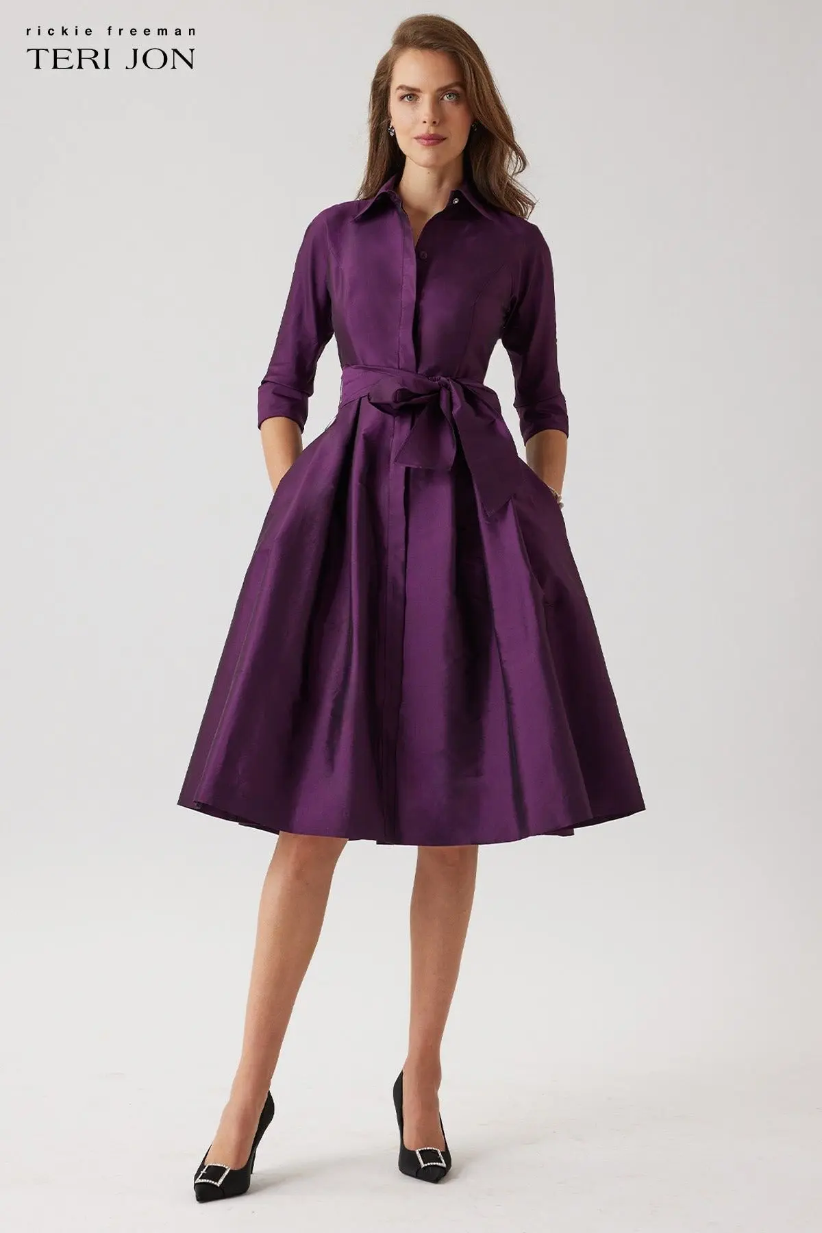 3/4 Sleeve Belted Taffeta Shirt Dress (Plum)