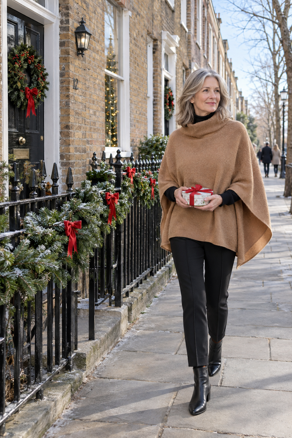 elegant christmas outfit for women over 60: camel merino-cashmere poncho over a black turtleneck, black slim trousers and black leather ankle boots