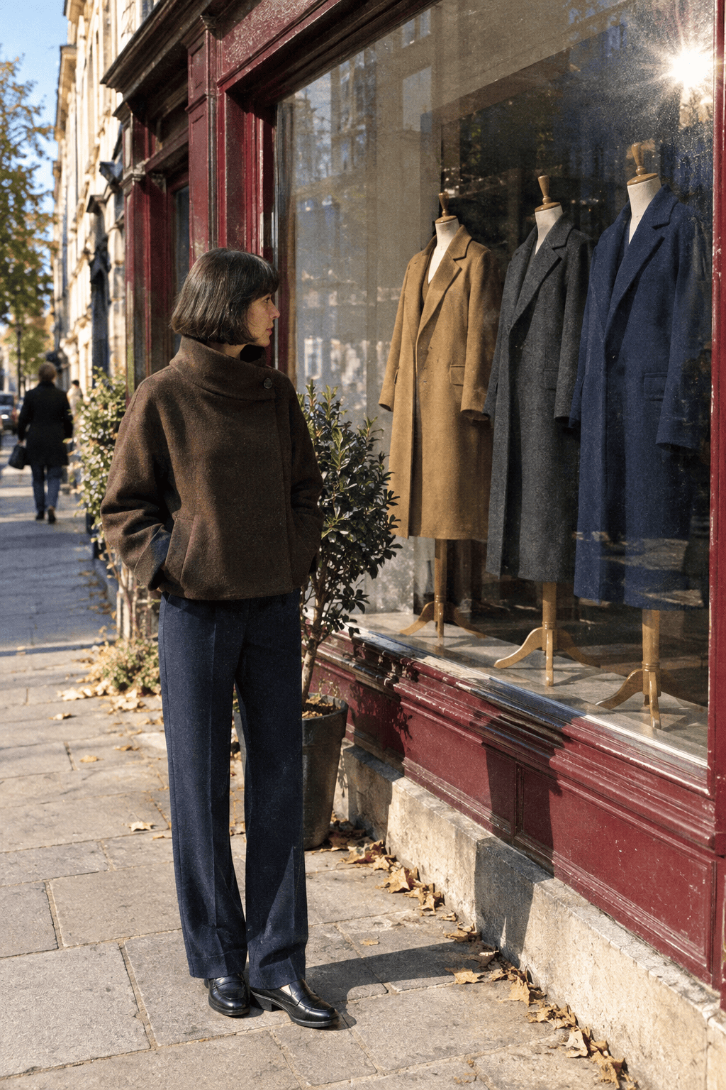 Massimo Dutti vs Zara: woman in a wool coat looking at tailored coats in a shop window