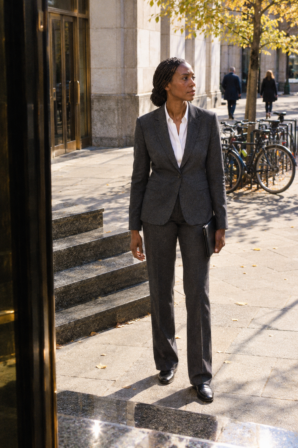 Old money brands for women: Theory charcoal wool blazer worn to the office