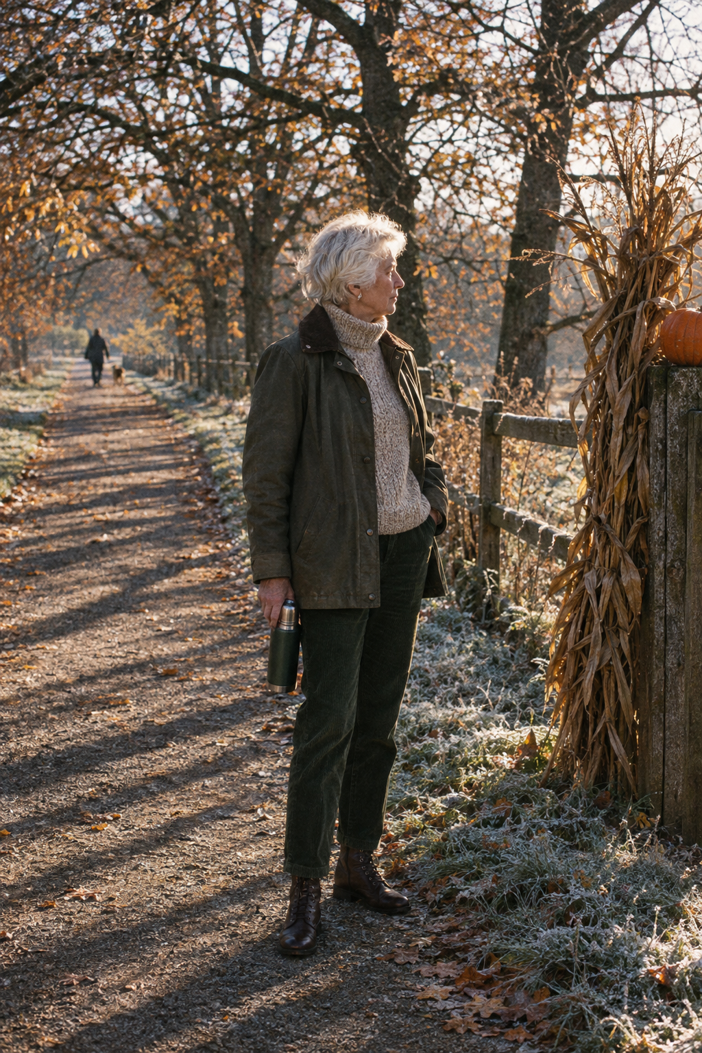 women over 60 thanksgiving outfit: dark forest green corduroy pants, oatmeal turtleneck and olive waxed jacket