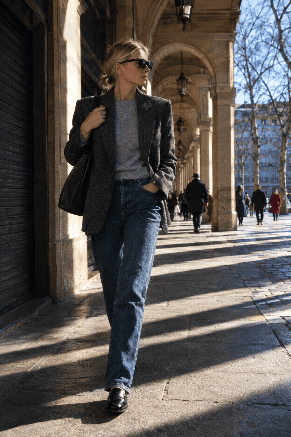 casual winter outfit: charcoal Italian wool blazer, heather grey cotton sweater, clean indigo jeans and black penny loafers