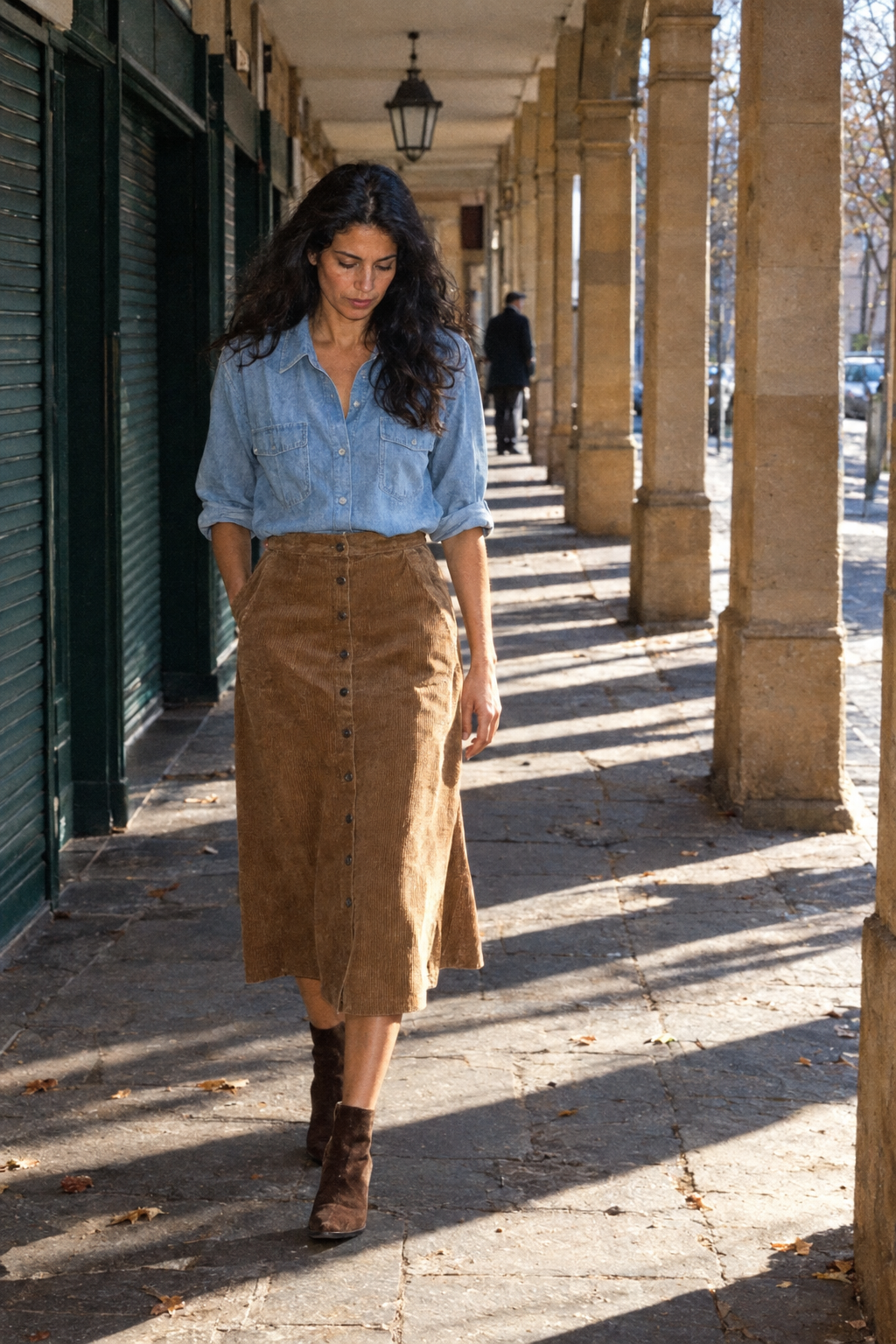 Friendsgiving outfit idea for a potluck: chambray shirt, tan-brown button-front corduroy midi skirt and brown suede ankle boots