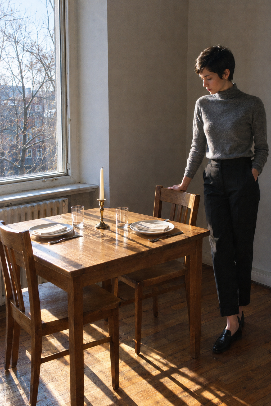 old money habit: a weeknight dinner table set with ivory linen napkins and a slim antique brass taper candle holder