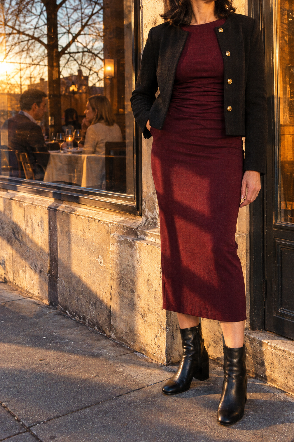 business dinner winter outfit: wine-colored ruched jersey dress, cropped black merino jacket and black block-heel ankle boots