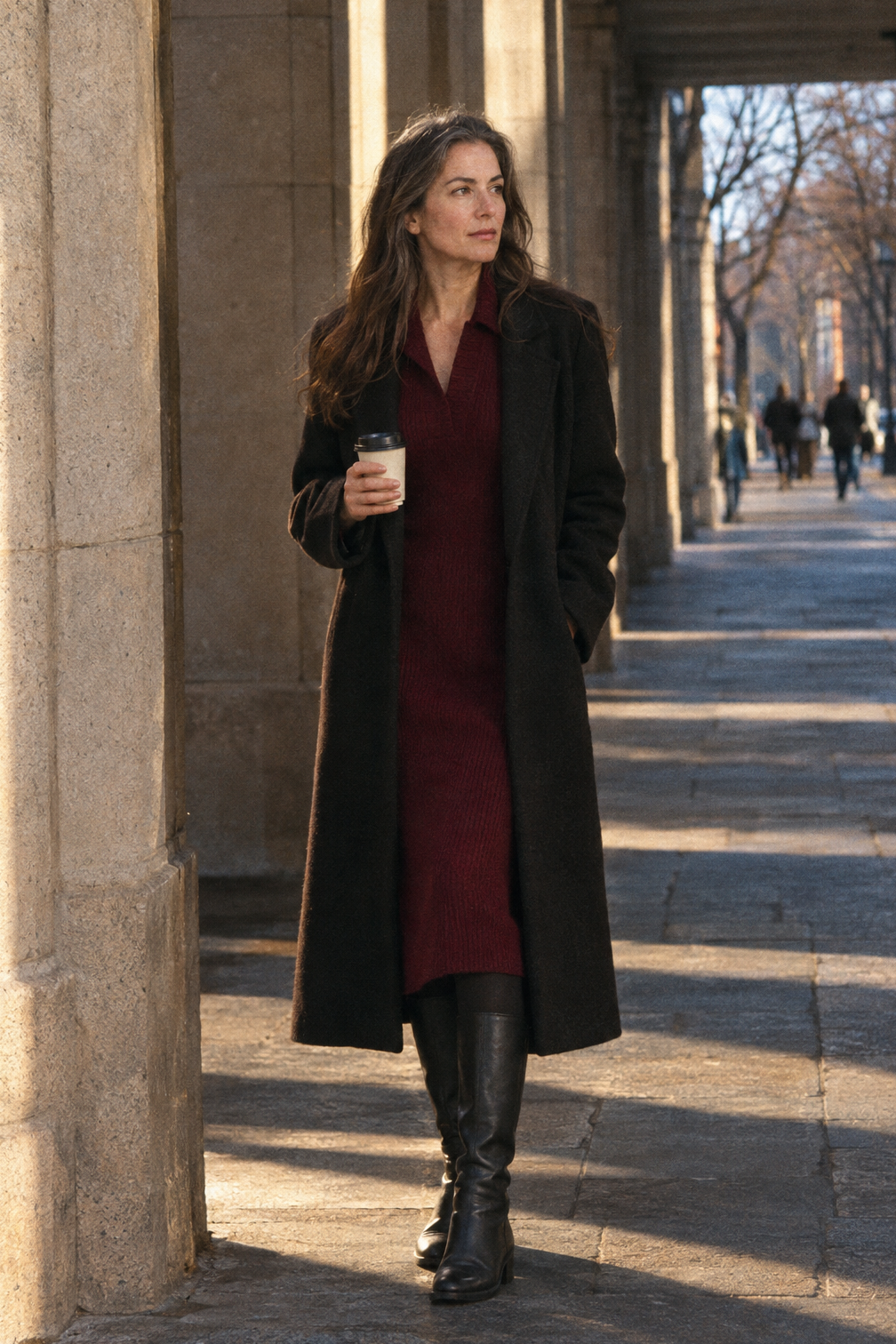 dressed-up winter airport outfit: black wool coat worn open over a wine knit midi dress, black tights and black knee-high boots