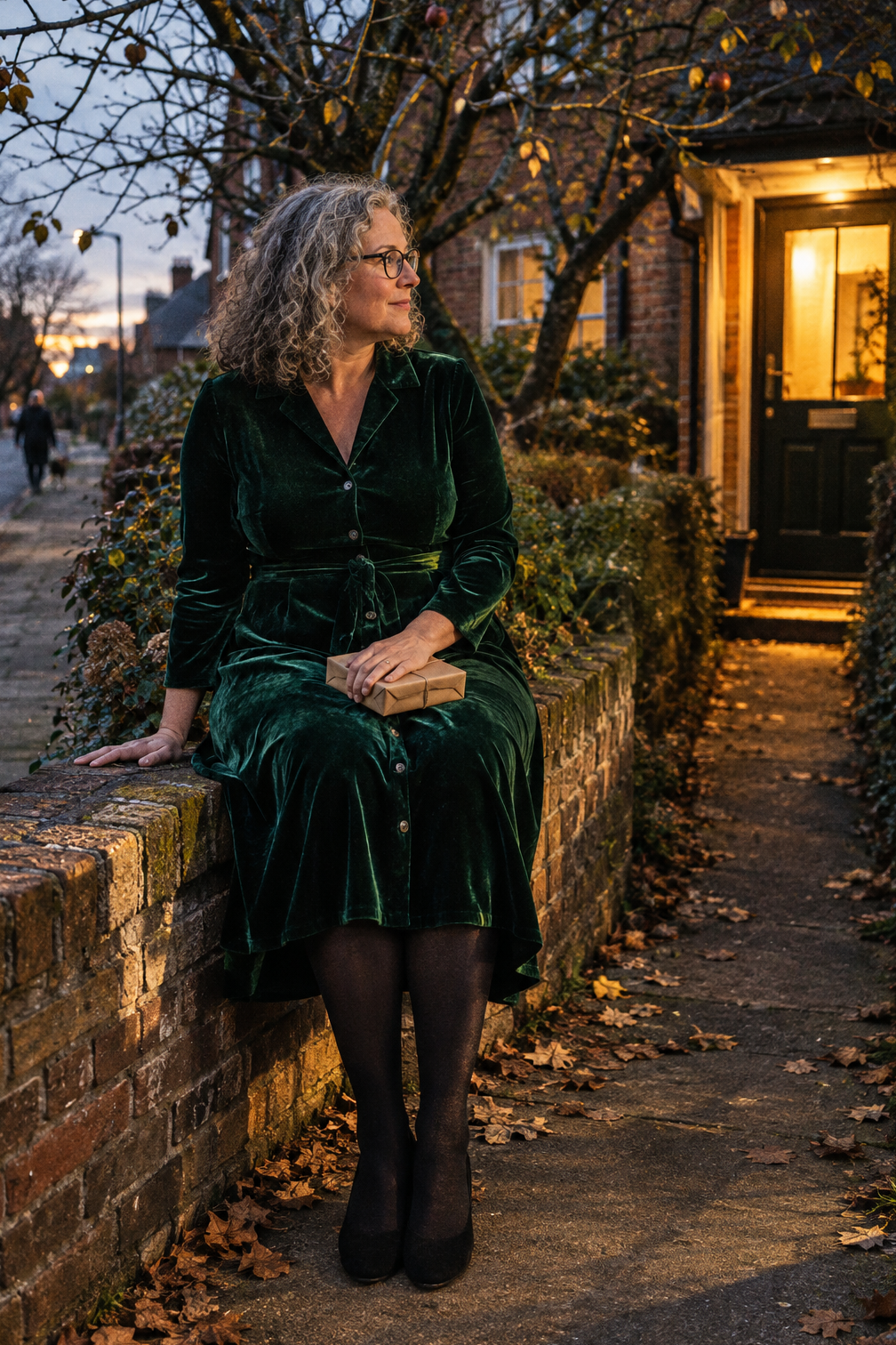 dinner party outfit ideas for guests: deep green button-front velvet midi dress with black opaque tights and black suede pumps
