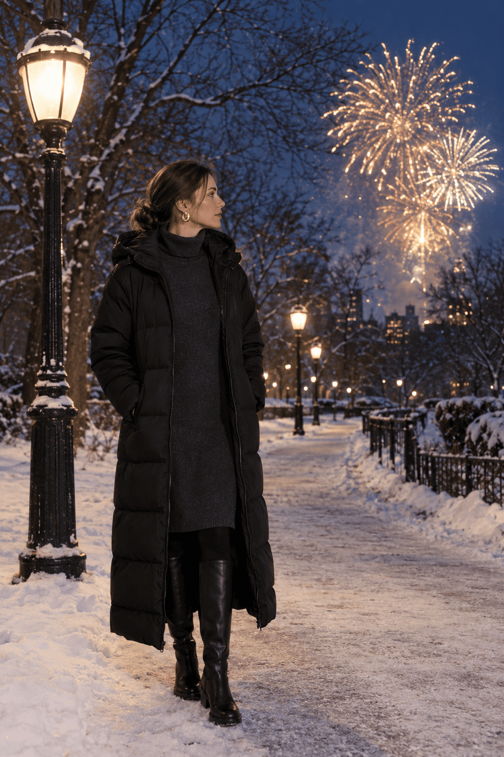 warm new years eve fireworks outfit: charcoal cashmere turtleneck sweater dress under a long black hooded down coat with black leather knee boots and gold earrings