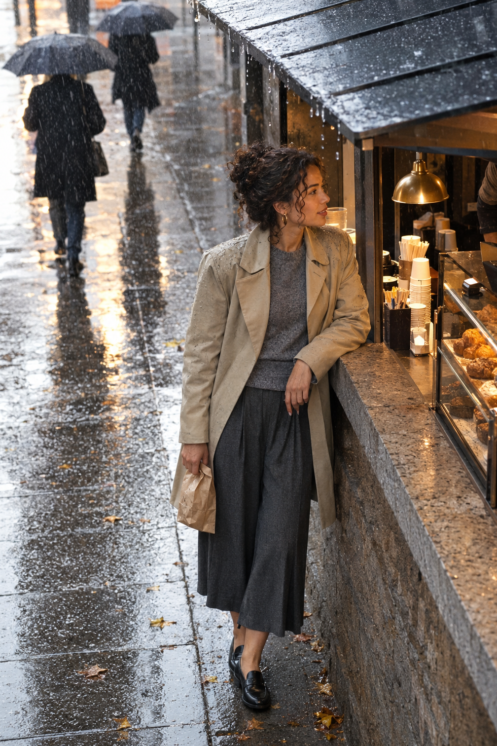 business casual rainy day outfit for work: light khaki stretch trench, dark gray pleated culottes and black leather loafers