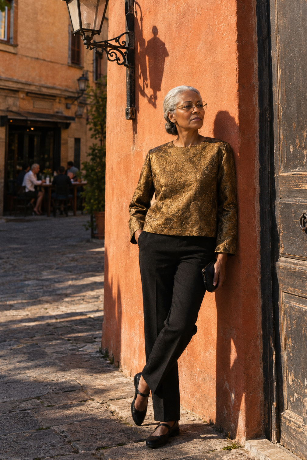 October mother of the groom rehearsal dinner outfit over 60: bronze jacquard top, black straight leg ponte pants and black Mary Jane flats
