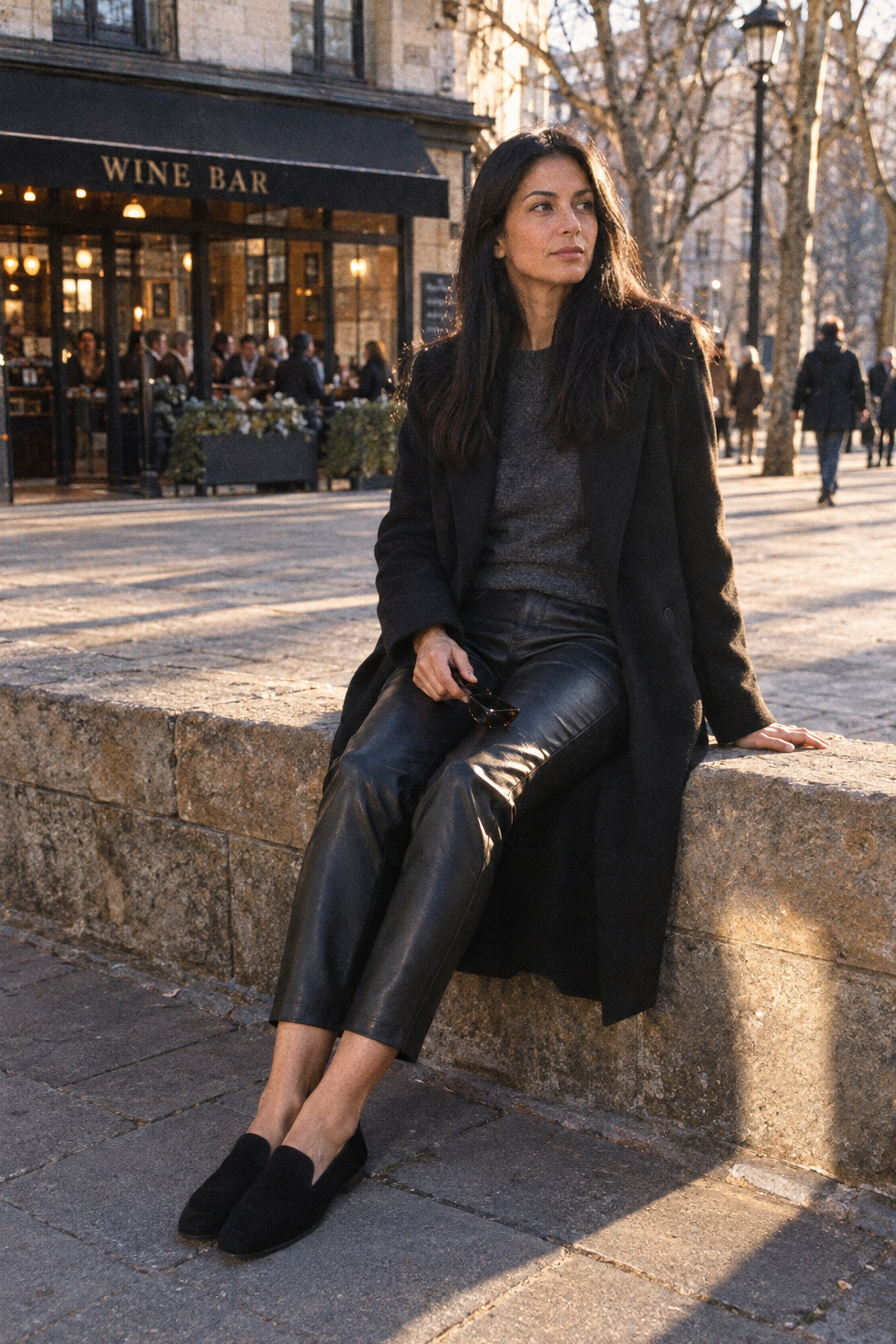 how to style black loafers in winter with black faux leather trousers, a dark grey merino sweater and a suede loafer