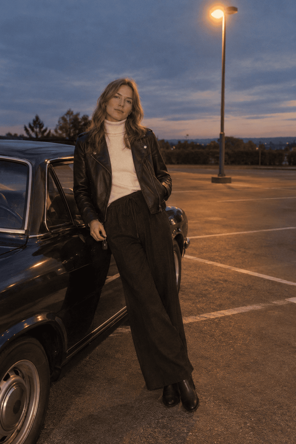 cool-weather linen outfit: black linen wide-leg trousers with a cream turtleneck and black leather moto jacket