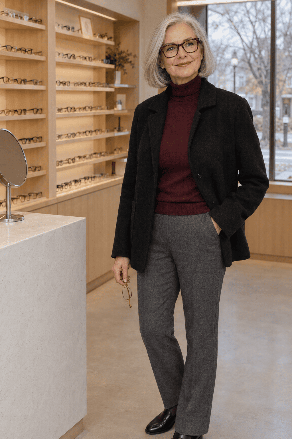 stylish woman in her 60s with modern eyeglass frames, softly defined brows and a fresh lip color