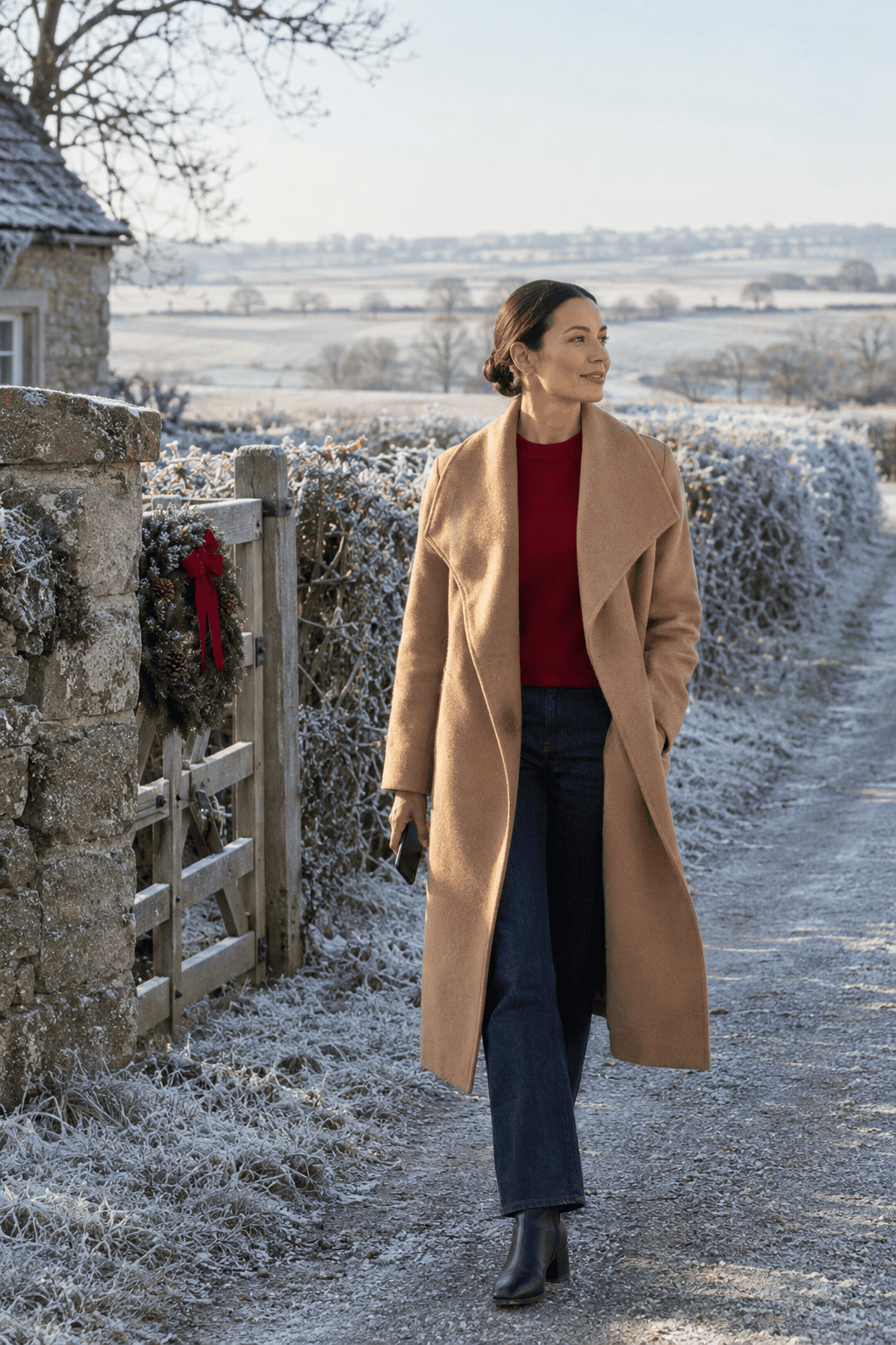 Boxing Day walk outfit: caramel wrap coat, red cashmere crewneck, dark wash straight jeans and black leather ankle boots on a frosty lane