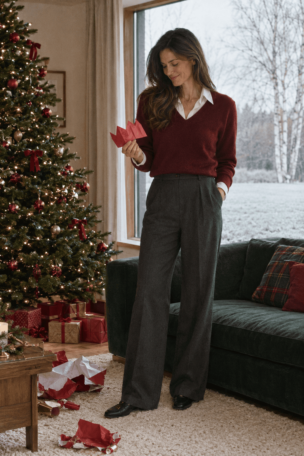 christmas day outfit for women over 40: wine cashmere v-neck sweater over a white collared shirt with dark grey wide-leg trousers and black loafers