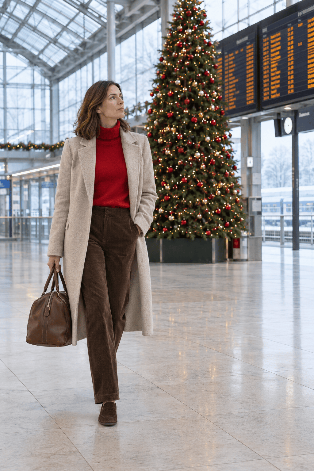 red sweater travel outfit for going home for Christmas: red cashmere turtleneck with chocolate brown corduroy straight-leg trousers and brown suede penny loafers