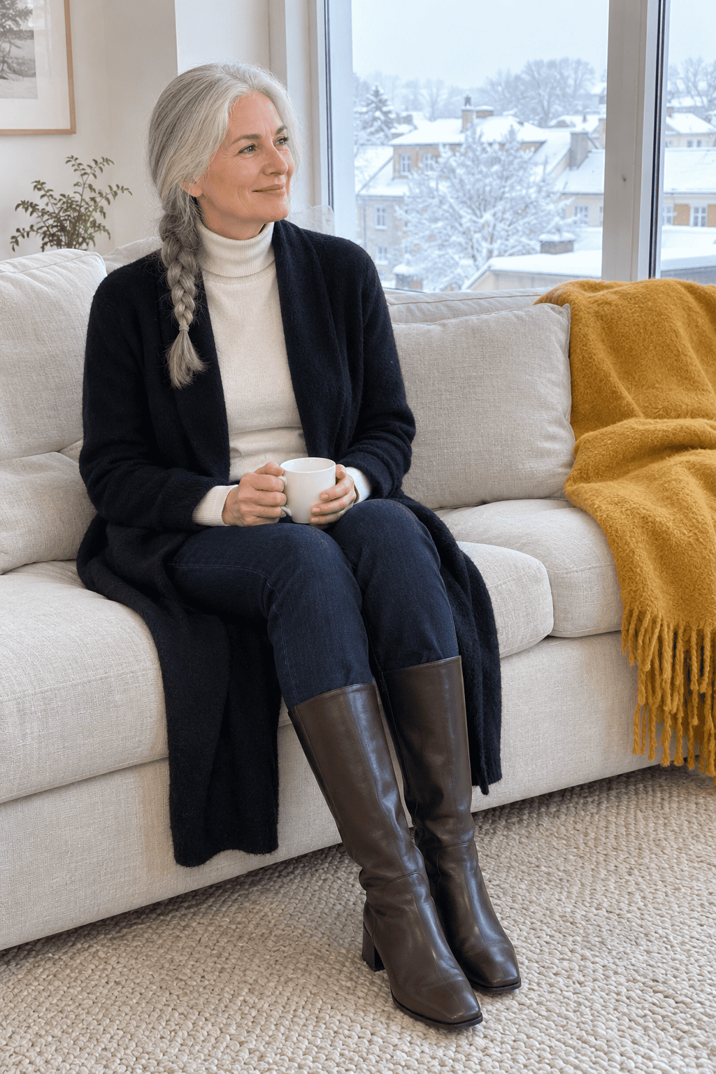 coffee date outfit for women over 60: cream cashmere turtleneck and dark straight jeans under a long black cashmere duster cardigan with brown boots