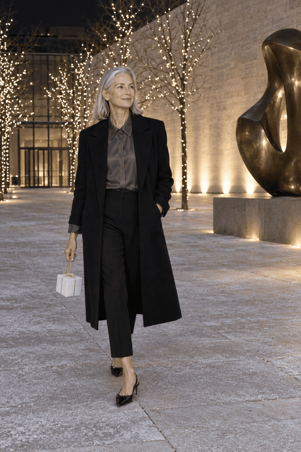 sophisticated new years eve outfit for women over 60: dark grey silk shirt, cropped black wool trousers, black bow slingback kitten heels and a long black coat