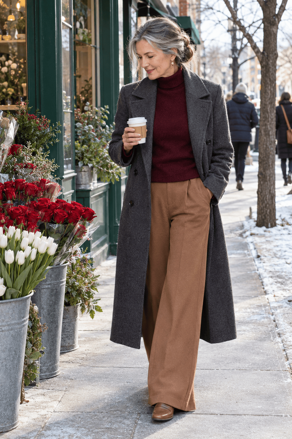 Valentine's morning outfit for women over 60: burgundy cashmere turtleneck with camel wide-leg trousers, dark grey double-breasted wool coat and tan penny loafers