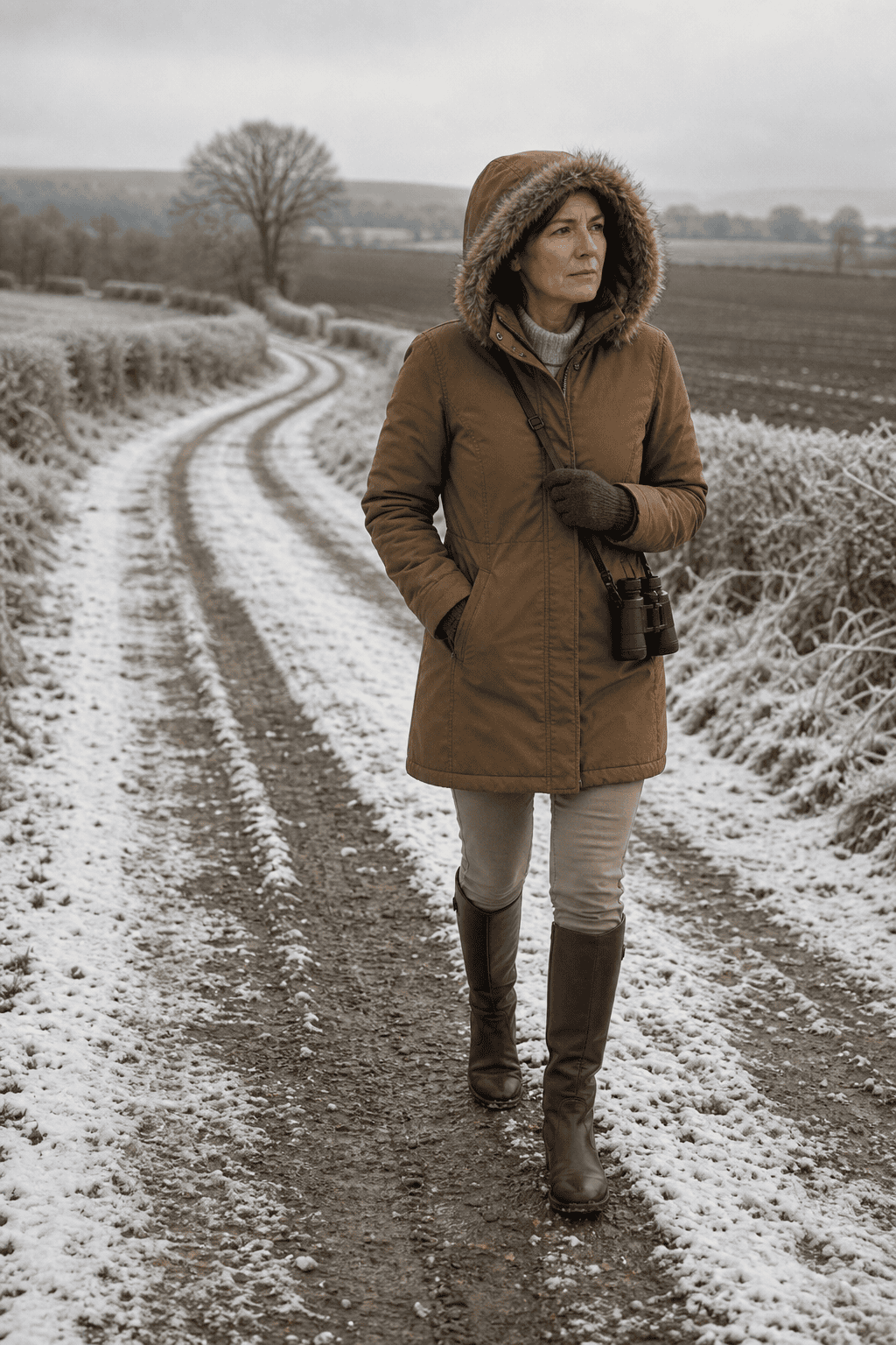 countryside winter walk outfit: honey-brown hooded parka with faux-fur trim, grey cashmere sweater, slim trousers and dark brown leather knee boots