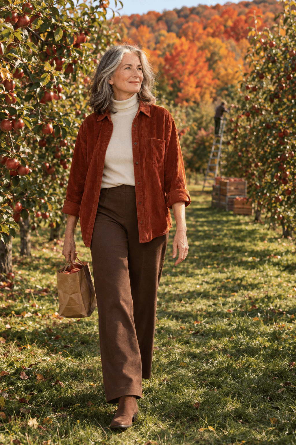 casual fall outfit for women over 60: rust corduroy shirt worn open over a cream merino turtleneck with brown wide-leg ponte pants and cedar suede Chelsea boots