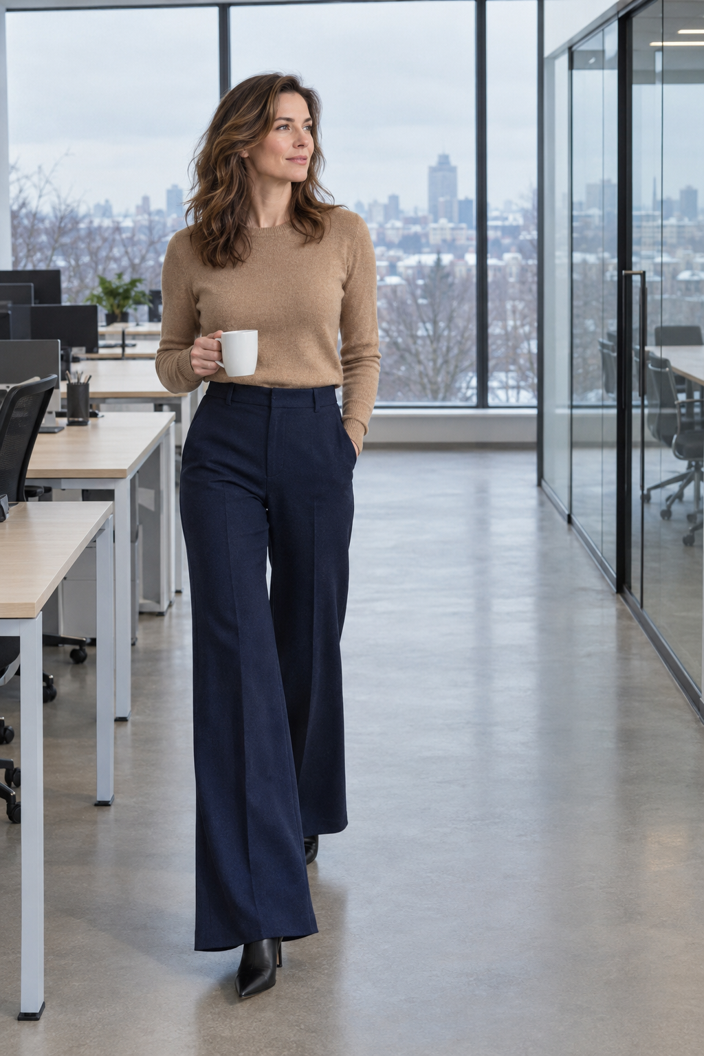 how to wear ankle boots with trousers in winter: full-length navy wool flare trousers, camel cashmere crewneck and black pointed-toe ankle boots peeking out at the hem