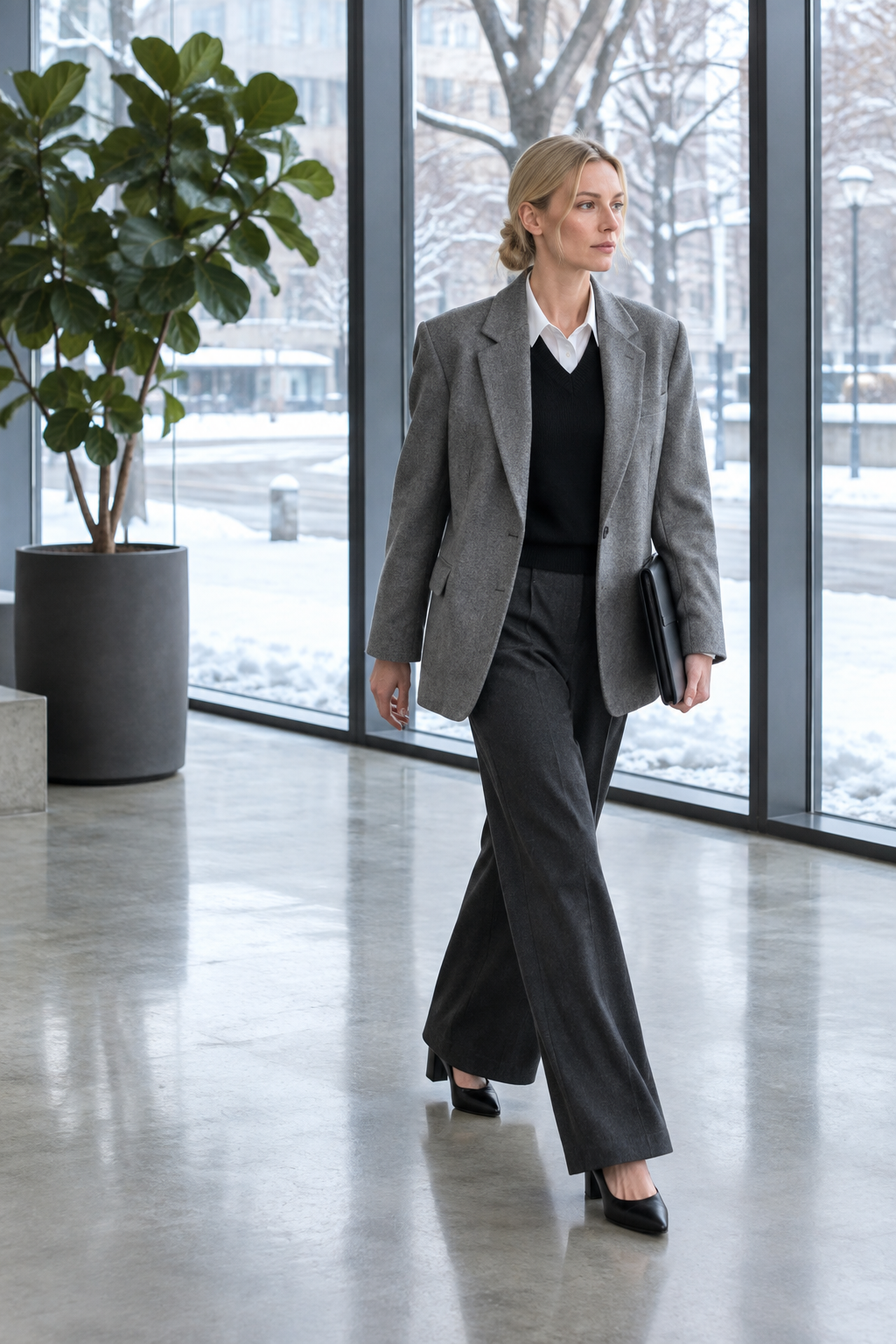 greyscale winter work outfit: oversized grey melange blazer, black cashmere V-neck over a white shirt, charcoal wide-leg trousers and black block-heel pumps