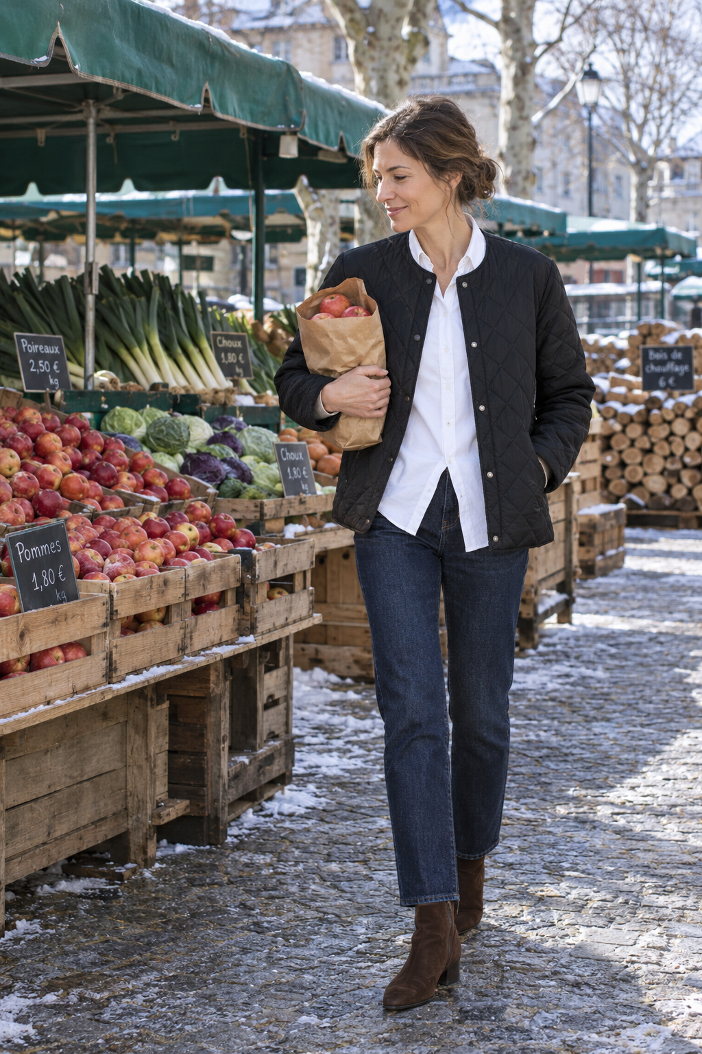 casual winter market outfit: black quilted jacket over white poplin shirt, dark straight jeans and chocolate suede ankle boots