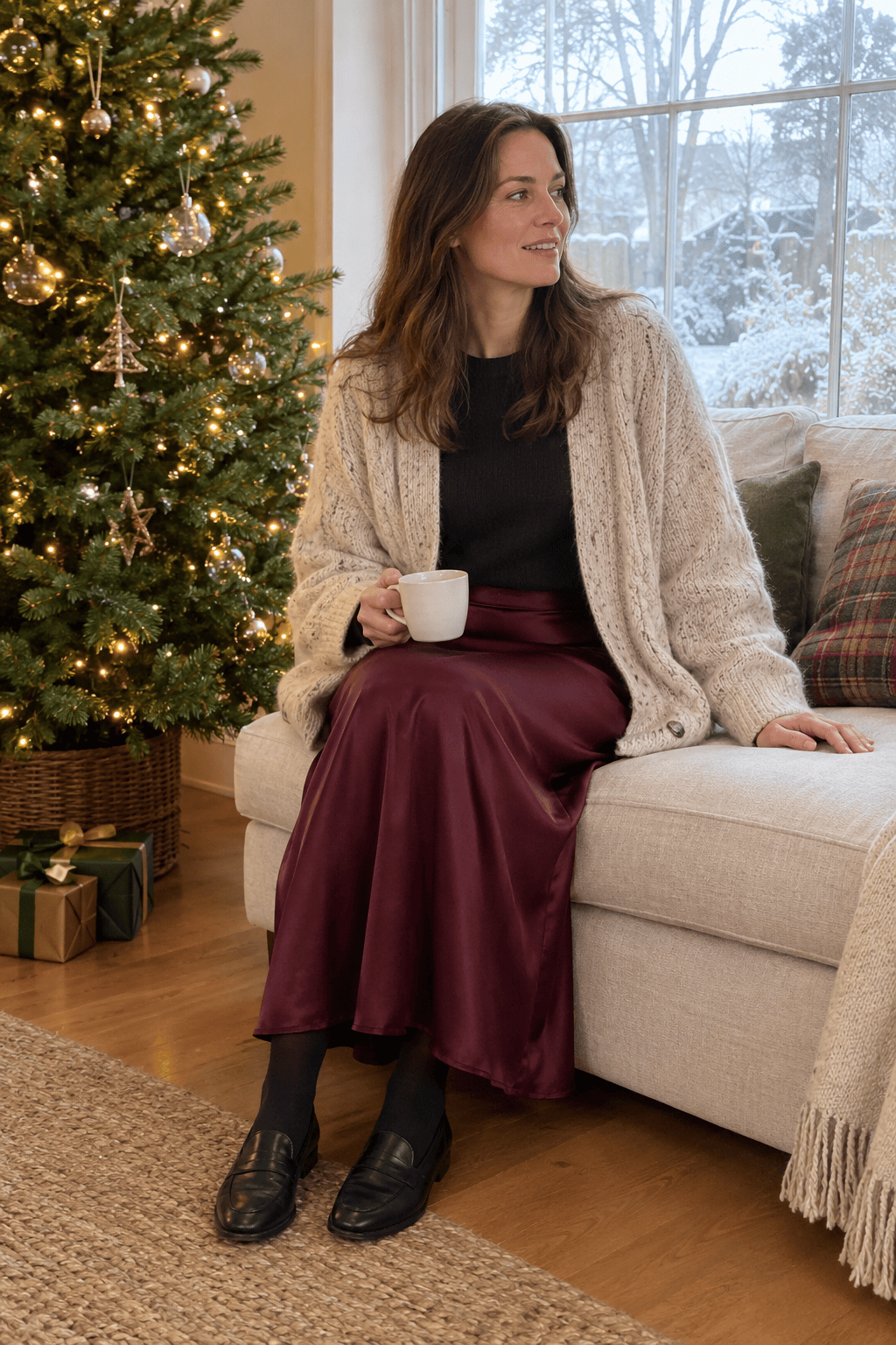 long skirt outfit for Christmas lunch: oxblood silk maxi skirt with a tucked black cashmere crewneck and an open oversized oatmeal cable cardigan