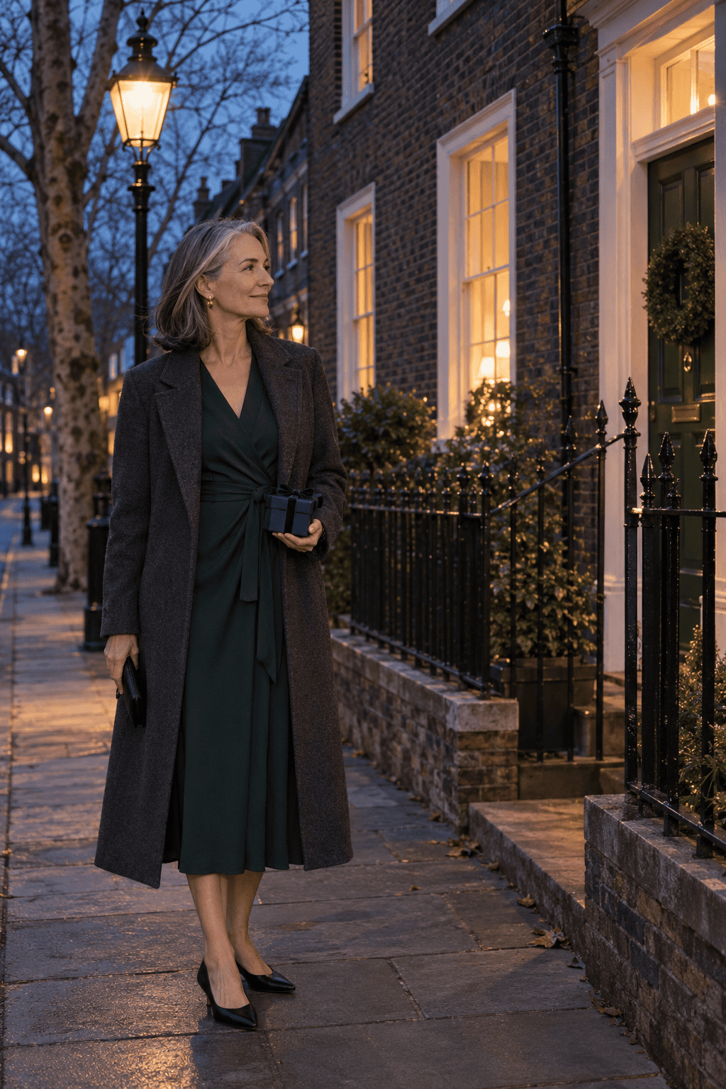 mother of the bride rehearsal dinner winter outfit: dark evergreen silk jersey long-sleeve wrap midi dress, charcoal single-breasted wool coat and black leather kitten heels