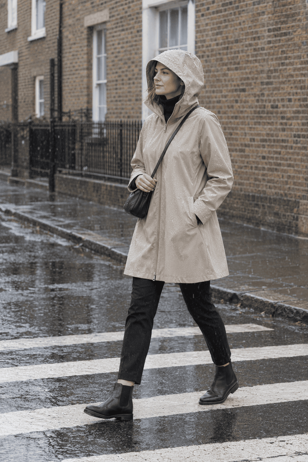 what to wear in London in winter rain: stone hooded raincoat, black merino roll neck, slim black trousers and black waterproof Chelsea boots