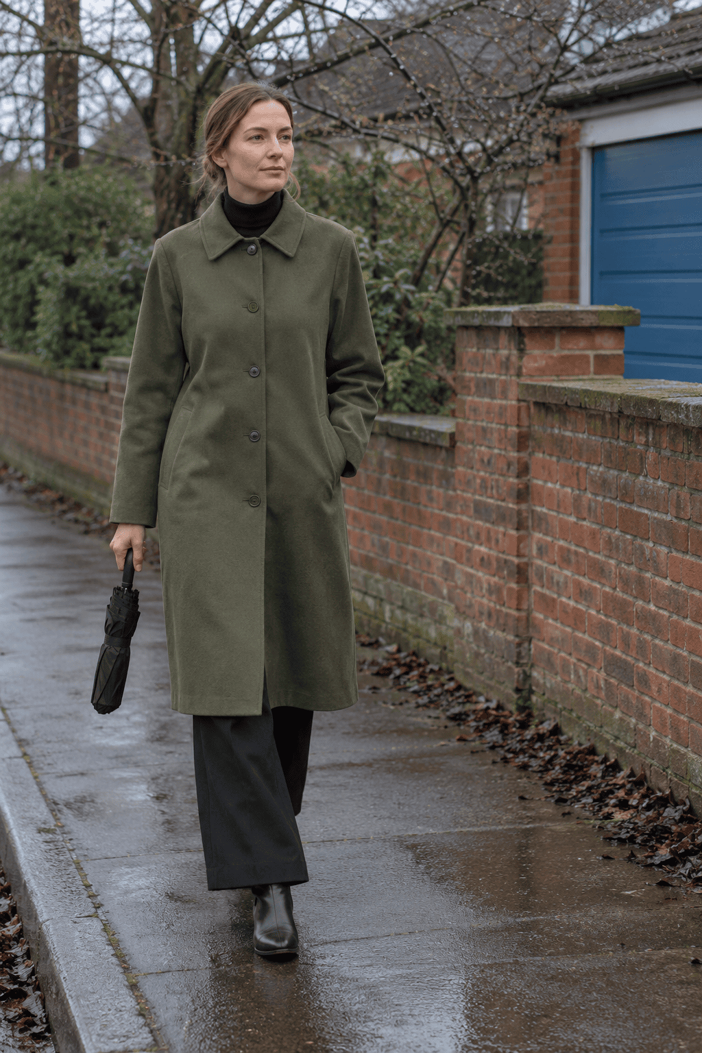 olive and black simple winter outfit: olive green cotton mac coat, black turtleneck, black wide-leg trousers and black leather ankle boots