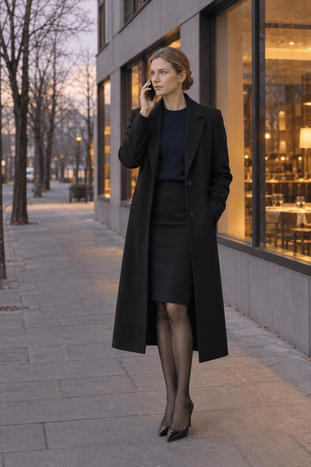 how to style a long black coat with a pencil skirt: tailored black coat worn open over a navy cashmere crewneck, black knee-length pencil skirt, black tights and pumps