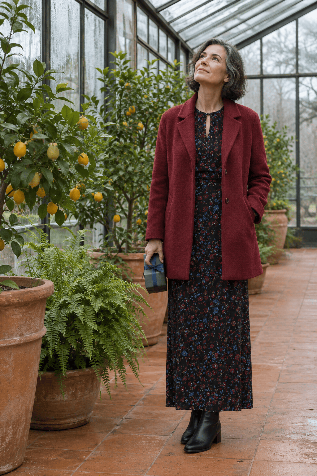 winter wedding guest outfit for women over 50: black-ground floral long-sleeve maxi dress with merlot and blue blooms, berry red wool coat and black leather heeled ankle boots