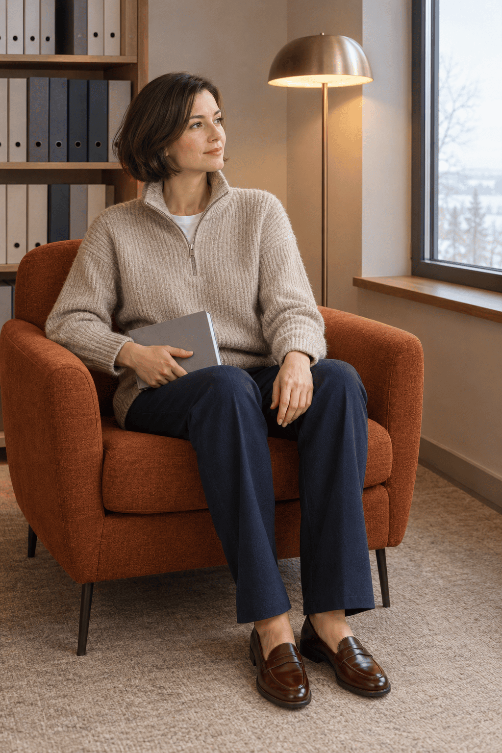staff meeting winter teacher outfit: oat ribbed merino half-zip sweater over a white tee with navy straight-leg trousers and burgundy penny loafers